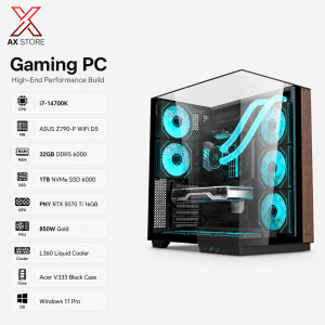 AX Store Gaming PC with Intel i7-14700K, PNY RTX 5070 Ti 16GB, 32GB DDR5 6000 RAM, 1TB NVMe SSD, L360 liquid cooling, and Windows 11 Pro