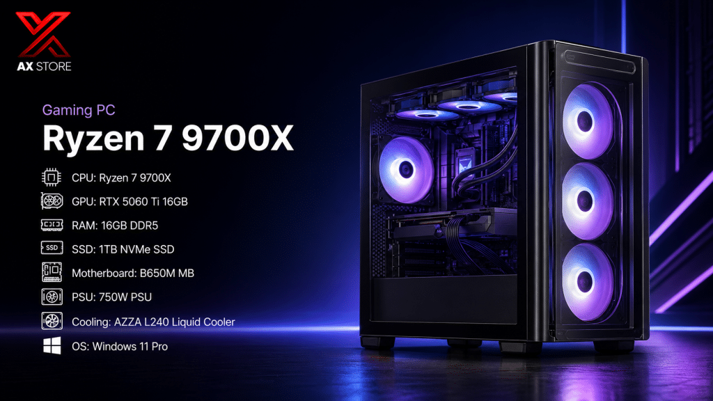 AX Store Gaming PC with Ryzen 7 9700X, RTX 5060 Ti 16GB, 16GB DDR5 RAM, 1TB NVMe SSD, AZZA L240 liquid cooling, and Windows 11 Pro