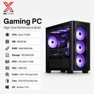 AX Store Gaming PC with Ryzen 7 9700X, RTX 5060 Ti 16GB, 16GB DDR5 RAM, 1TB NVMe SSD, AZZA L240 liquid cooling, and Windows 11 Pro