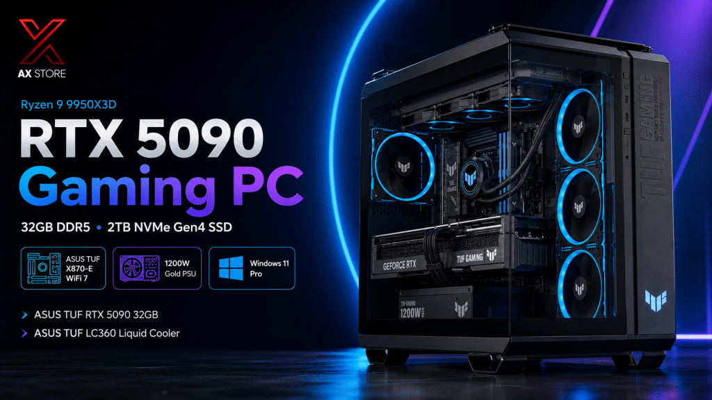 Gaming PC Ryzen 9 9950X3D with ASUS TUF RTX 5090 32GB, 32GB DDR5 6000 RAM, 2TB Gen4 NVMe SSD and ASUS TUF LC360 Liquid Cooling at AX Store