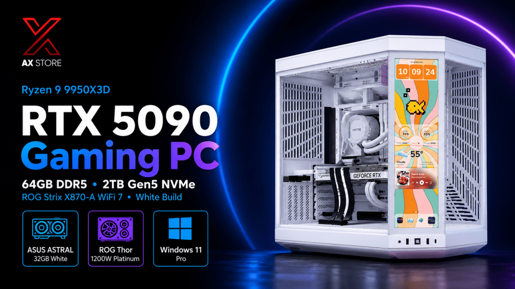 Gaming PC Ryzen 9 9950X3D with ASUS ASTRAL RTX 5090 32GB White, 64GB Kingston Fury DDR5 6000 CL30, Samsung 9100 2TB Gen5 NVMe SSD and HYTE Y70 Touch Infinite White at AX Store