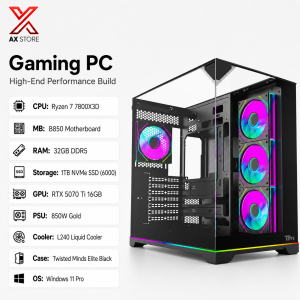 High-End Gaming PC with AMD Ryzen 7 7800X3D, RTX 5070 Ti 16GB, 32GB DDR5 RAM and Twisted Minds Elite Black Case