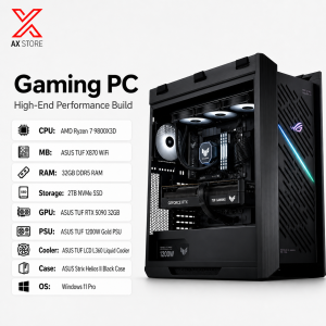 AMD Ryzen 7 9800X3D Gaming PC with ASUS TUF RTX 5090 32GB, 32GB DDR5 RAM, 2TB NVMe SSD, ASUS TUF X870 WiFi, ASUS TUF 1200W Gold PSU, ASUS TUF LCD L360 Liquid Cooler, ASUS Strix Helios II Black Case, Windows 11 Pro - AX Store