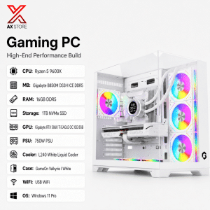 White Gaming PC with AMD Ryzen 5 9600X, Gigabyte RTX 5060 Ti EAGLE OC ICE 8GB, 16GB DDR5 RAM and GameOn Valkyrie I White Case