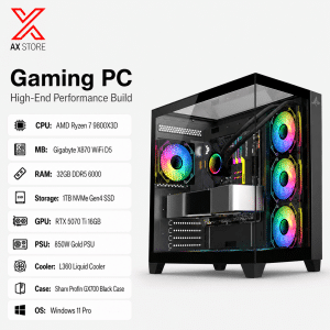 AMD Ryzen 7 9800X3D Gaming PC with RTX 5070 Ti 16GB, 32GB DDR5 RAM, 1TB NVMe Gen4 SSD, X870 WiFi Motherboard, 850W Gold PSU, L360 Liquid Cooler, Sharx Profin GX700 Black Case, and Windows 11 Pro