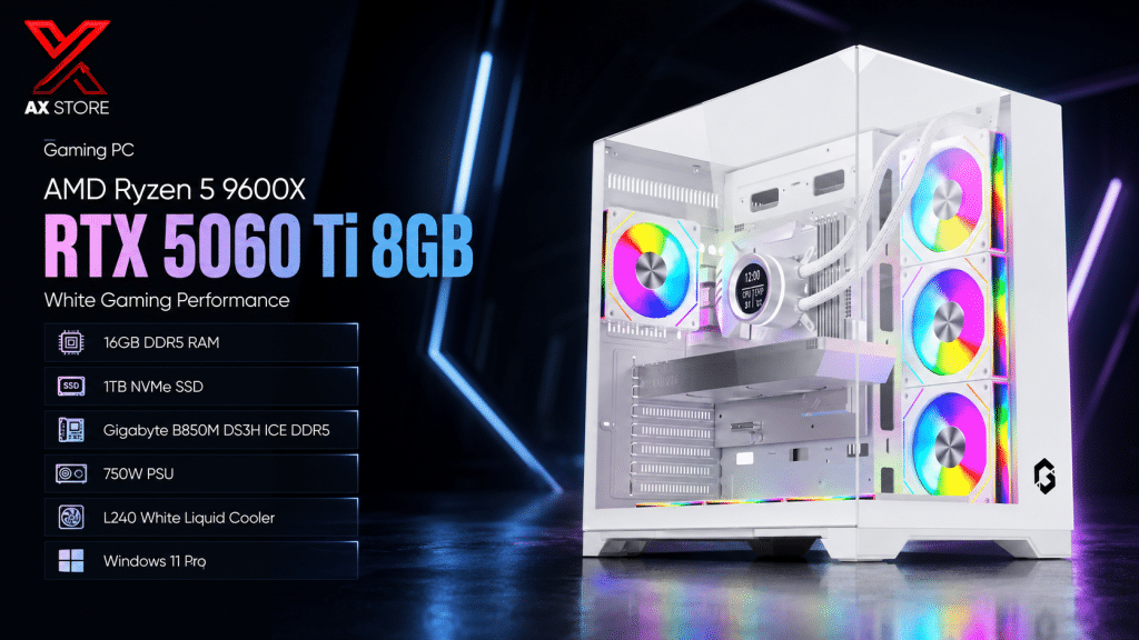 White Gaming PC with AMD Ryzen 5 9600X, Gigabyte RTX 5060 Ti EAGLE OC ICE 8GB, 16GB DDR5 RAM and GameOn Valkyrie I White Case