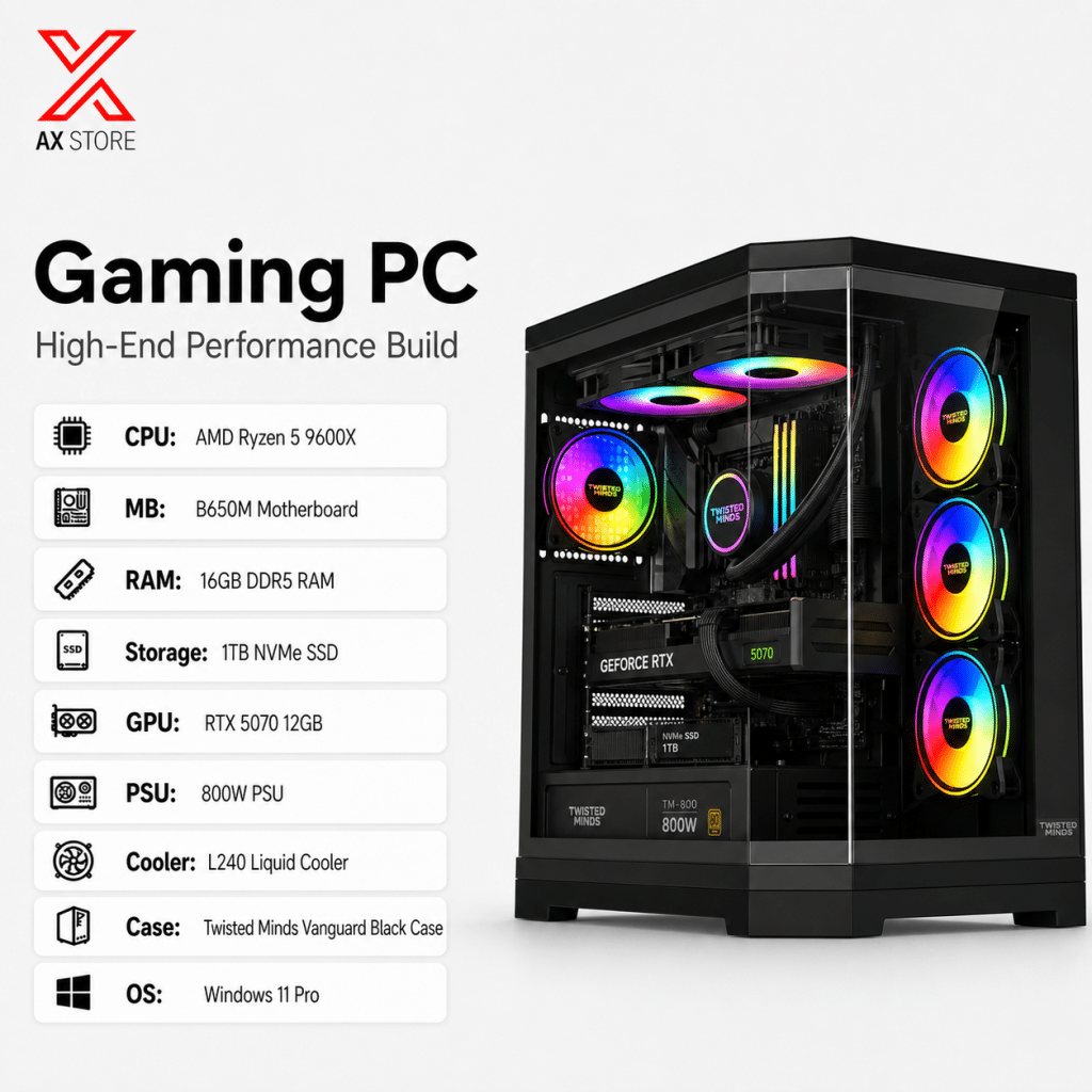 RTX 5070 Gaming PC – Ryzen 5 9600X – Twisted Minds Vanguard Black