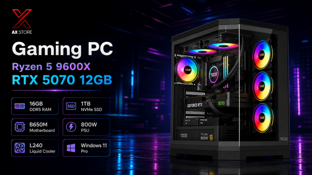 AMD Ryzen 5 9600X Gaming PC with RTX 5070 12GB, 16GB DDR5 RAM, 1TB NVMe SSD, B650M Motherboard, 800W PSU, L240 Liquid Cooler, Twisted Minds Vanguard Black Case, Windows 11 Pro - AX Store