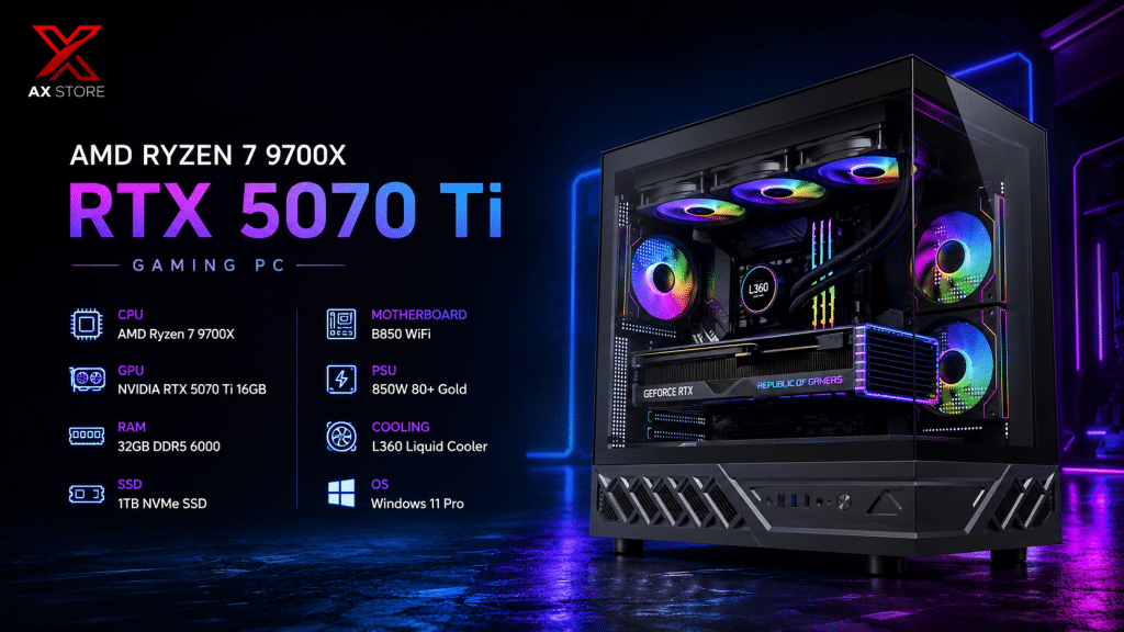 AMD Ryzen 7 9700X Gaming PC with RTX 5070 Ti 16GB, 32GB DDR5 6000 RAM, 1TB NVMe SSD, B850 WiFi motherboard, L360 liquid cooler, and Darkflash DS950 Black Case at AX Store
