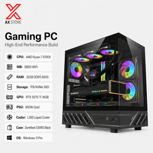 AMD Ryzen 7 9700X Gaming PC with RTX 5070 Ti 16GB, 32GB DDR5 6000 RAM, 1TB NVMe SSD, B850 WiFi motherboard, L360 liquid cooler, and Darkflash DS950 Black Case at AX Store