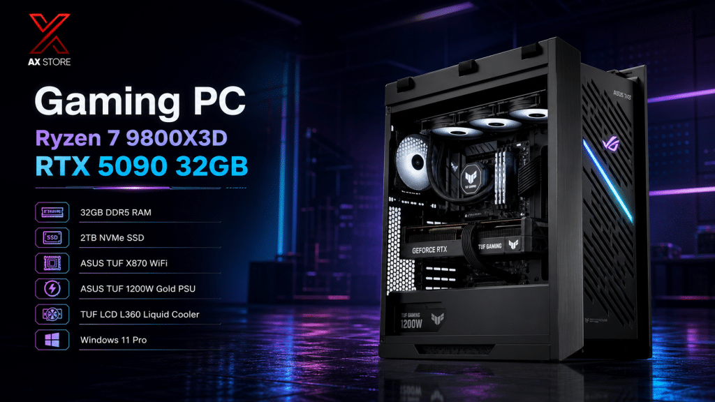 AMD Ryzen 7 9800X3D Gaming PC with ASUS TUF RTX 5090 32GB, 32GB DDR5 RAM, 2TB NVMe SSD, ASUS TUF X870 WiFi, ASUS TUF 1200W Gold PSU, ASUS TUF LCD L360 Liquid Cooler, ASUS Strix Helios II Black Case, Windows 11 Pro - AX Store