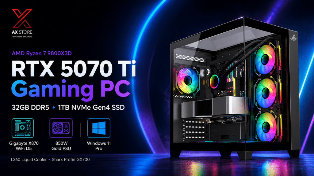 AMD Ryzen 7 9800X3D Gaming PC with RTX 5070 Ti 16GB, 32GB DDR5 RAM, 1TB NVMe Gen4 SSD, X870 WiFi Motherboard, 850W Gold PSU, L360 Liquid Cooler, Sharx Profin GX700 Black Case, and Windows 11 Pro