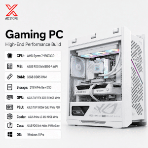 AMD Ryzen 7 9850X3D Gaming PC with ASUS TUF RTX 5070 Ti 16GB White, 32GB DDR5 RAM, 2TB NVMe Gen4 SSD, ASUS ROG Strix B850-A WiFi, ASUS TUF 1000W Gold White PSU, ASUS Prime LC 360 ARGB White, ASUS ROG Strix Helios II White Case, Windows 11 Pro - AX Store