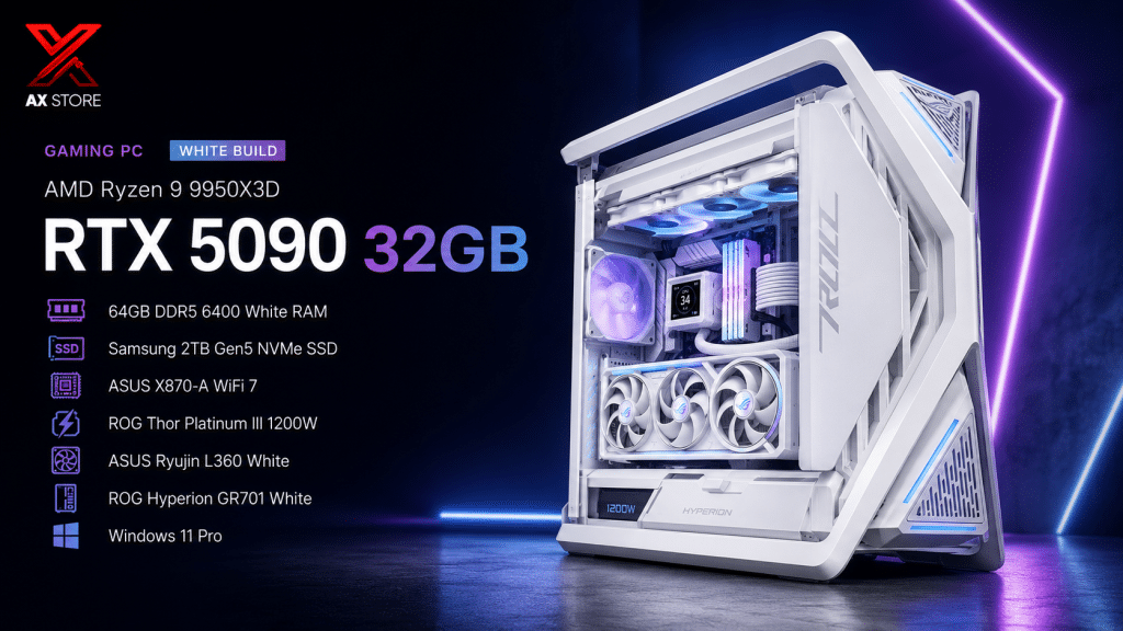 AMD Ryzen 9 9950X3D Gaming PC with ASUS Astral RTX 5090 32GB White, 64GB DDR5 RAM, 2TB Gen5 SSD, and ROG Hyperion White Case at AX Store