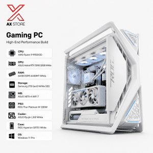 AMD Ryzen 9 9950X3D Gaming PC with ASUS Astral RTX 5090 32GB White, 64GB DDR5 RAM, 2TB Gen5 SSD, and ROG Hyperion White Case at AX Store