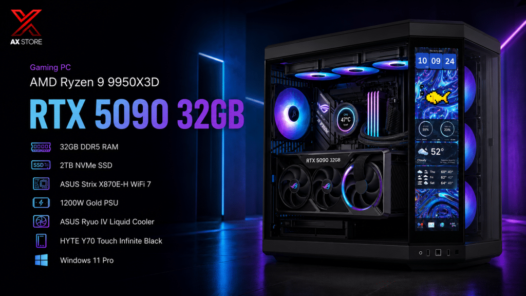 AMD Ryzen 9 9950X3D2 Dual Edition Gaming PC with RTX 5090 32GB and HYTE Y70 Touch Infinite Black Case at AX Store Kuwait