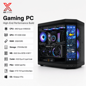 AMD Ryzen 9 9950X3D Dual Edition Gaming PC with RTX 5090 32GB, 32GB DDR5 RAM, 2TB NVMe SSD, ASUS X870E-H WiFi 7, ASUS Ryuo IV Liquid Cooler, and HYTE Y70 Touch Infinite Black Case at AX Store