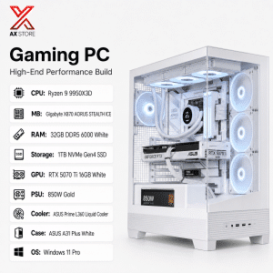 White Gaming PC with AMD Ryzen 9 9950X3D, RTX 5070 Ti 16GB, 32GB DDR5 RAM and ASUS A31 Plus Case