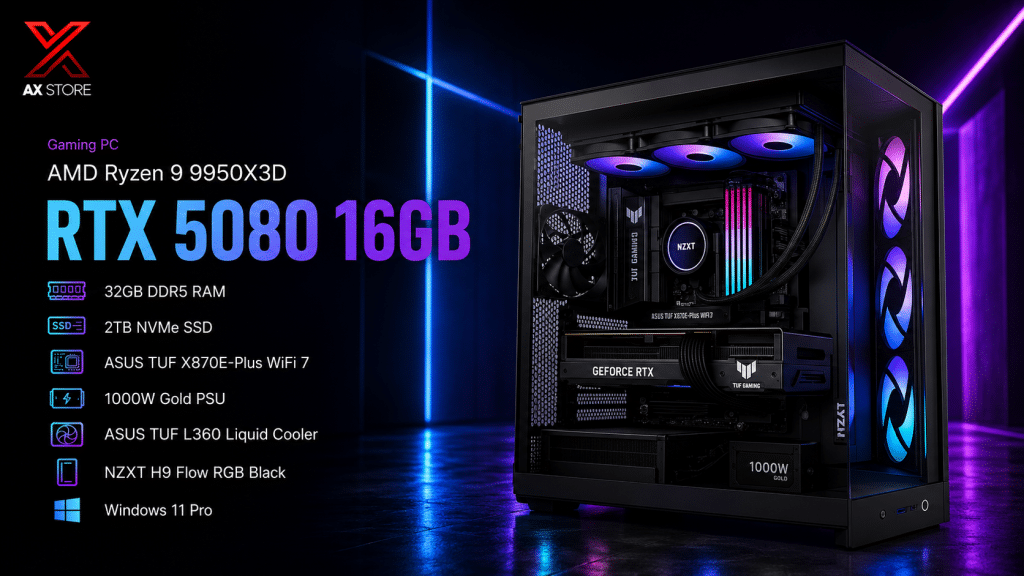 AMD Ryzen 9 9950X3D2 Dual Edition Gaming PC with RTX 5080 16GB, 32GB DDR5 RAM, 2TB NVMe SSD, ASUS TUF X870E-Plus WiFi 7, ASUS TUF L360 Liquid Cooler, and NZXT H9 Flow RGB Black Case at AX Store