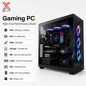 AMD Ryzen 9 9950X3D2 Dual Edition Gaming PC with RTX 5080 16GB, 32GB DDR5 RAM, 2TB NVMe SSD, ASUS TUF X870E-Plus WiFi 7, ASUS TUF L360 Liquid Cooler, and NZXT H9 Flow RGB Black Case at AX Store