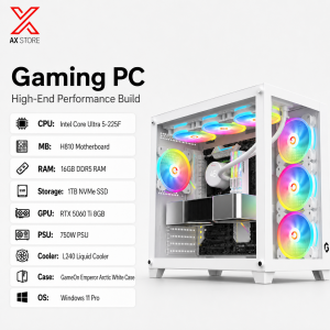 Intel Core Ultra 5-225F Gaming PC with RTX 5060 Ti 8GB, 16GB DDR5 RAM, 1TB NVMe SSD, H810 Motherboard, 750W PSU, L240 Liquid Cooler, GameOn Emperor Arctic White Case, Windows 11 Pro - AX Store