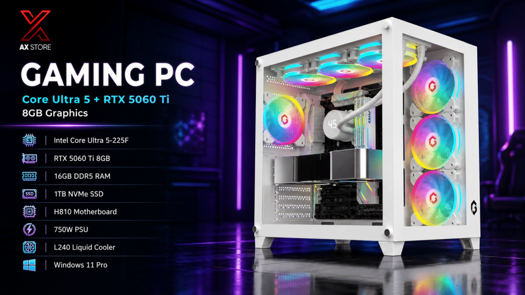 Intel Core Ultra 5-225F Gaming PC with RTX 5060 Ti 8GB, 16GB DDR5 RAM, 1TB NVMe SSD, H810 Motherboard, 750W PSU, L240 Liquid Cooler, GameOn Emperor Arctic White Case, Windows 11 Pro - AX Store