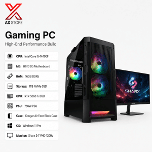 Gaming PC – Intel Core i5-14400F – H610 D5 Motherboard – 16GB DDR5 RAM – 1TB NVMe SSD – RTX 5060 Ti 8GB – 750W PSU – Cougar Air Face White Case – Windows 11 Pro + Sharx 24″ FHD 120Hz Monitor - AX Store Kuwait