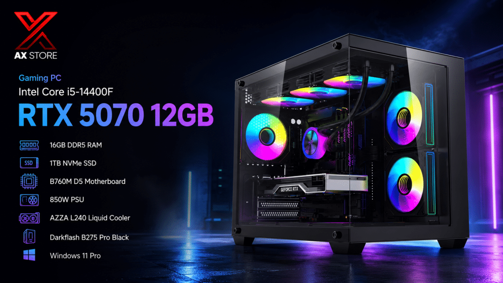 Intel Core i5-14400F Gaming PC with RTX 5070 12GB, 16GB DDR5 RAM, 1TB NVMe SSD, B760M D5 motherboard, AZZA L240 liquid cooler, and Darkflash B275 Pro Black Case at AX Store