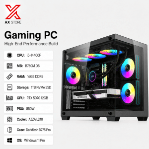 Intel Core i5-14400F Gaming PC with RTX 5070 12GB, 16GB DDR5 RAM, 1TB NVMe SSD, B760M D5 motherboard, AZZA L240 liquid cooler, and Darkflash B275 Pro Black Case at AX Store