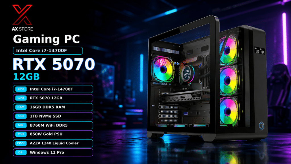Intel Core i7-14700F Gaming PC with RTX 5070 12GB, 16GB DDR5 RAM, 1TB NVMe SSD, B760M WiFi DDR5, 850W Gold PSU, AZZA L240 Liquid Cooler, GameOn Infinity Midnight Black Case, Windows 11 Pro - AX Store
