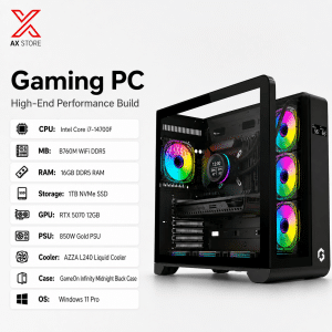 Intel Core i7-14700F Gaming PC with RTX 5070 12GB, 16GB DDR5 RAM, 1TB NVMe SSD, B760M WiFi DDR5, 850W Gold PSU, AZZA L240 Liquid Cooler, GameOn Infinity Midnight Black Case, Windows 11 Pro - AX Store