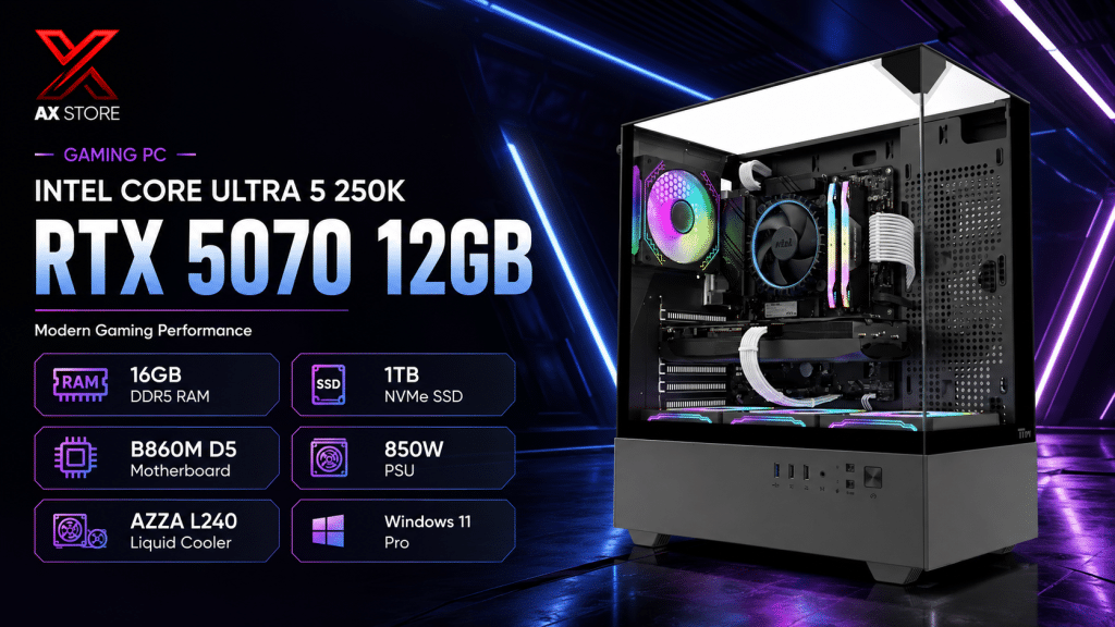 High-Performance Gaming PC with Intel Core Ultra 5 250K, RTX 5070 12GB, 16GB DDR5 RAM and Twisted Minds Fury Black Case
