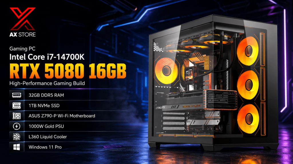 AX Store Kuwait Extreme Gaming PC with Intel Core i7-14700K, RTX 5080 16GB, 32GB DDR5 RAM and Darkflash C280 Black Case
