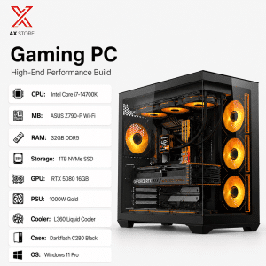 AX Store Kuwait Extreme Gaming PC with Intel Core i7-14700K, RTX 5080 16GB, 32GB DDR5 RAM and Darkflash C280 Black Case