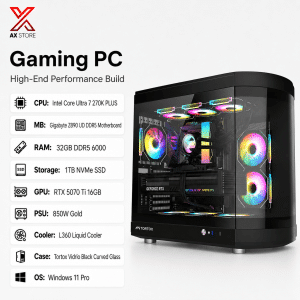 AX Store Kuwait High-End Gaming PC with Intel Core Ultra 7 270K PLUS, RTX 5070 Ti 16GB, 32GB DDR5 6000 RAM and Tortox Vidrio Black Curved Glass Case