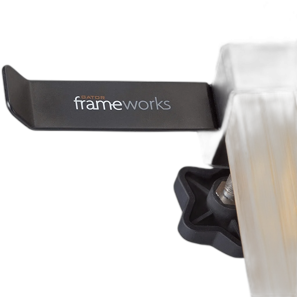 Gator Frameworks headphone hanger clamped to desk edge