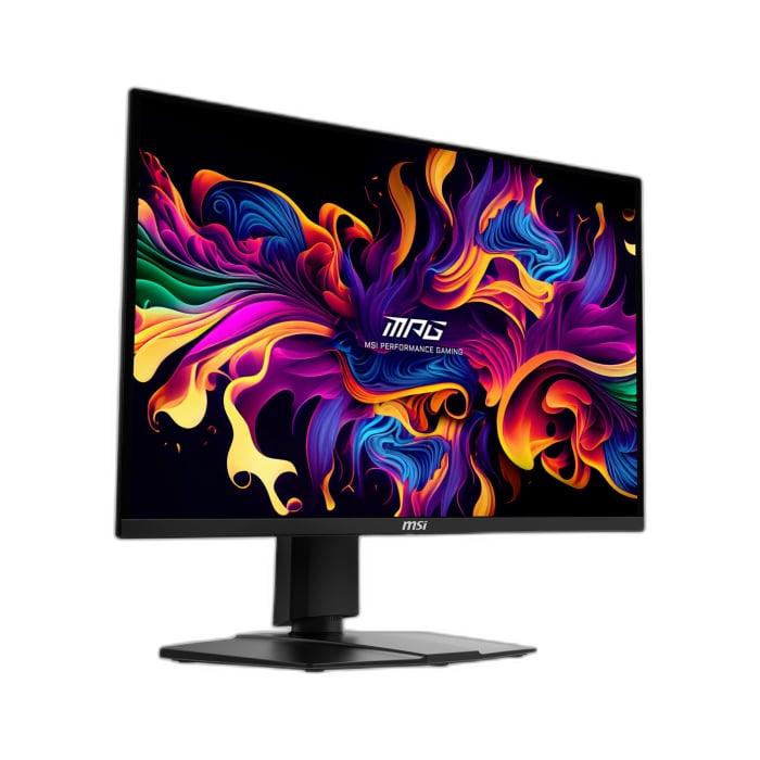 MSI MPG 271QRX QD-OLED gaming monitor angled front view