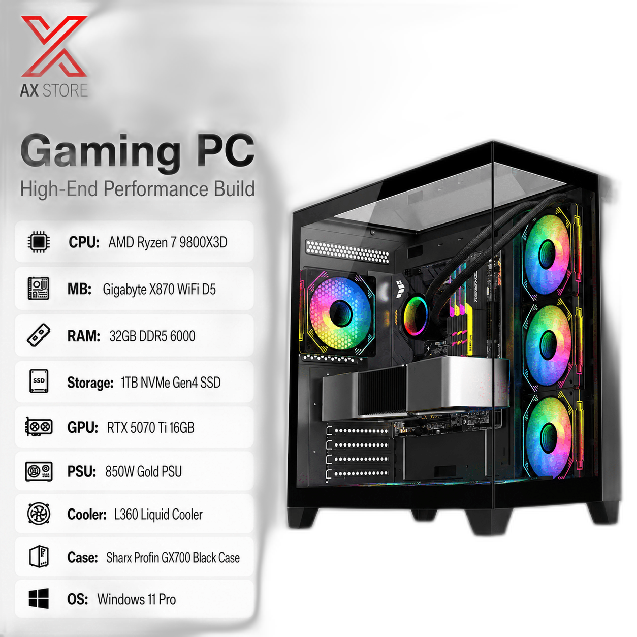 RTX 5070 Ti Gaming PC, Ryzen 7 9800X3D