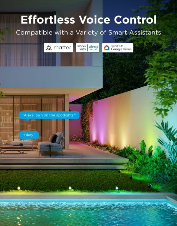 Govee Outdoor Spotlights 2 lighting up a garden with RGBWIC colors