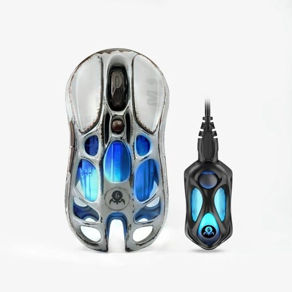 GravaStar Mercury M1 Pro Battle-Worn Silver Mist skeletal frame with GLOWSYNC RGB lighting