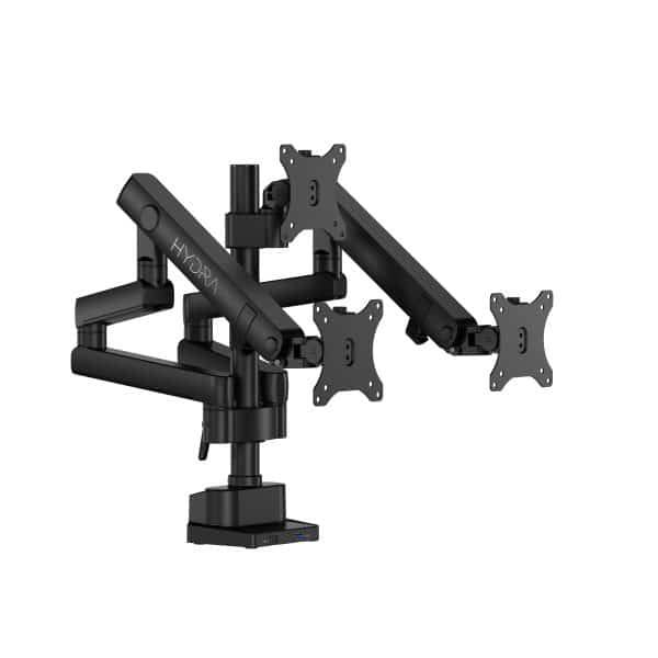 SADES Hydra triple monitor arm with three monitors mounted