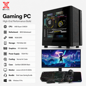 AX Store Kuwait High-Performance Gaming PC Bundle with AMD Ryzen 5 9600X, RTX 5060 8GB, 16GB DDR5 RAM, 1TB NVMe SSD, Lenovo LOQ 200Hz Monitor and SharX Jaws Gaming Bundle