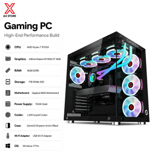 AX Store Kuwait High-Performance Gaming PC with AMD Ryzen 7 9700X, ASRock Radeon RX 9060 XT 16GB, 16GB DDR5 RAM, 1TB NVMe SSD and GameOn Emperor Arctic II Black Case