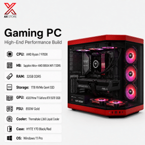 AX Store Kuwait High-End Gaming PC with AMD Ryzen 7 9700X, ASUS Prime T1 GeForce RTX 5070 12GB, 32GB DDR5 RAM, 1TB NVMe Gen4 SSD and HYTE Y70 Black/Red Case