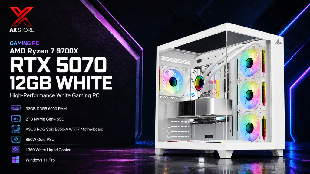 AX Store Kuwait Premium White Gaming PC with AMD Ryzen 7 9700X, RTX 5070 12GB White, 32GB DDR5 6000 RAM, 2TB NVMe Gen4 SSD and Sharx Profin XI700W White Case