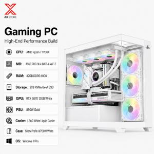 AX Store Kuwait Premium White Gaming PC with AMD Ryzen 7 9700X, RTX 5070 12GB White, 32GB DDR5 6000 RAM, 2TB NVMe Gen4 SSD and Sharx Profin XI700W White Case