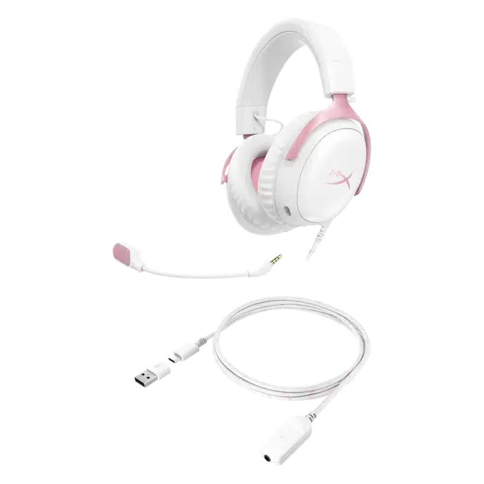 HyperX Cloud III White Pink headset and USB cable