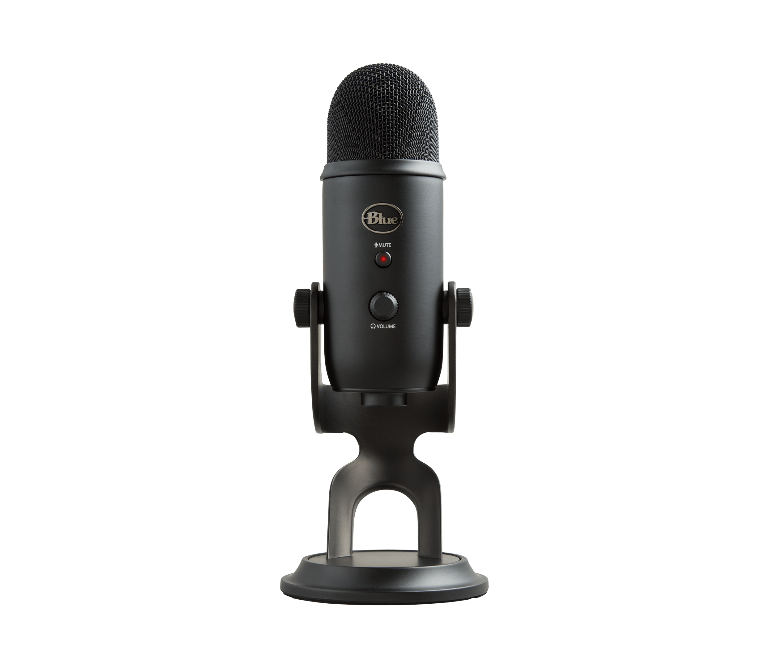 Logitech Blue Yeti microphone on desktop stand