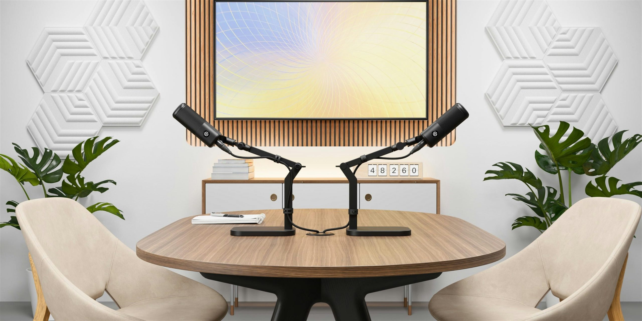Two Elgato Wave Desk Stands in a podcast recording setup; microphones and other equipment sold separately