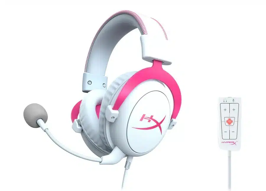 HyperX Cloud II White-Pink gaming headset with USB audio control box